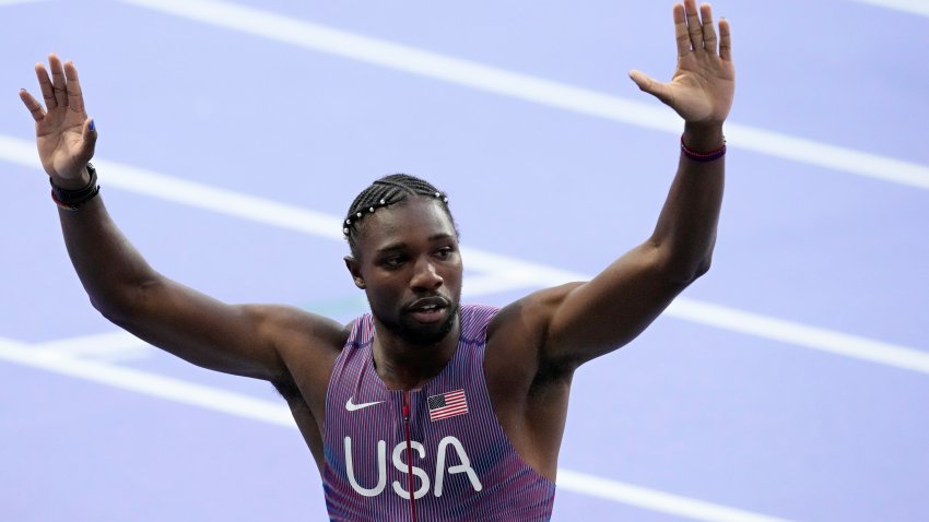 Noah Lyles, of the United States, reacts after winning a men’s 200 meters round 1 heat at the 2024 Summer Olympics, Monday, Aug. 5, 2024, in Saint-Denis, France. (AP Photo/Martin Meissner)