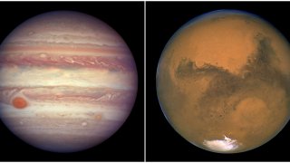 This combination image, created from two photos provided by NASA, shows Jupiter left, and Mars