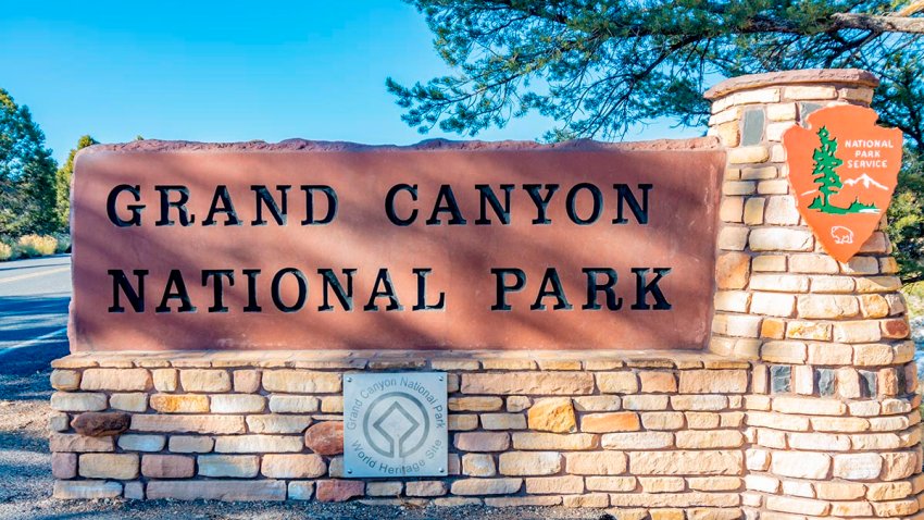 Entrance sign for Grand Canyon National Park in Arizona.