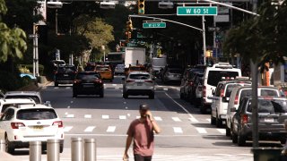 NEW YORK, NEW YORK – AUGUST 18: Traffic cameras to collect tolls are seen on 60th street at Columbus Circle in New York City on August 18, 2023. New York has received a plan by the Federal Highway Administration to charge up to $23 dollars for driving in midtown Manhattan for 2024, in an effort to combat traffic congestion. (Photo by Kena Betancur/VIEWpress)