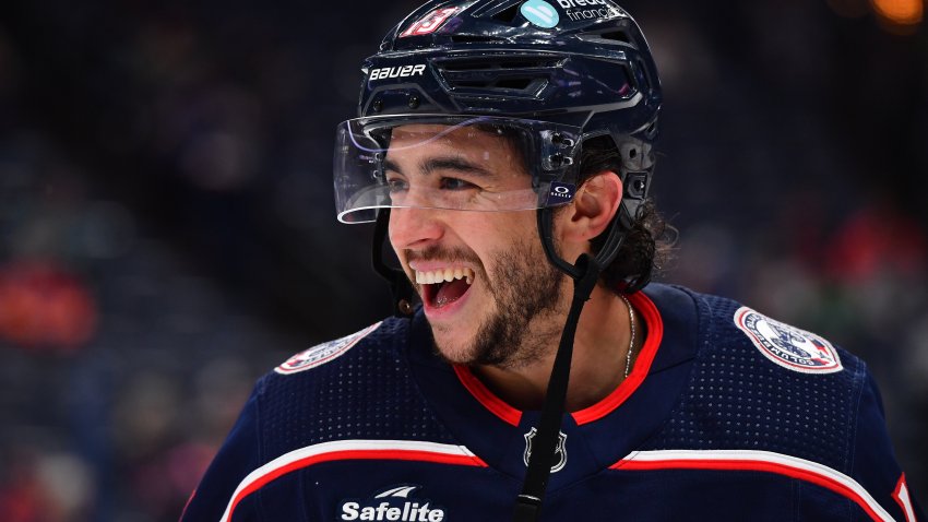 Johnny Gaudreau #13 of the Columbus Blue Jackets warms up prior to a game against the Calgary Flames at Nationwide Arena on October 20, 2023 in Columbus, Ohio. (Photo by Ben Jackson/NHLI via Getty Images)