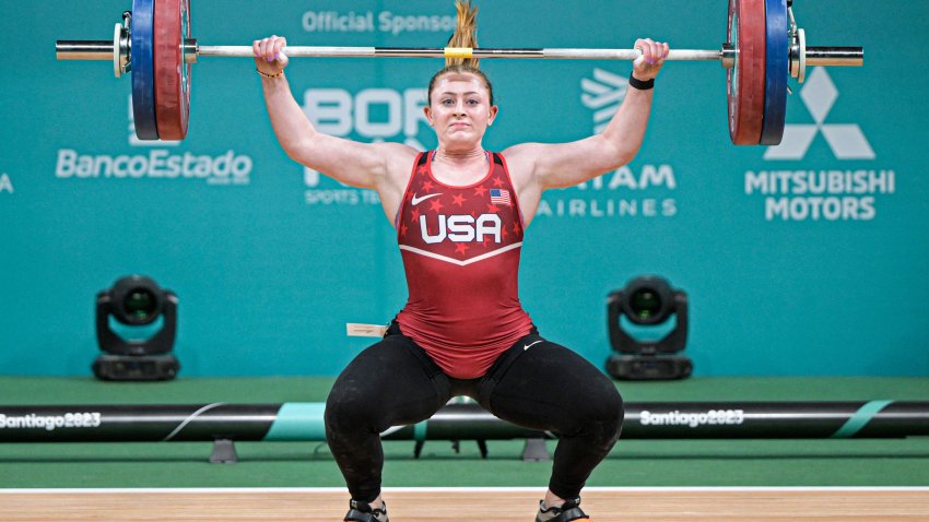 US Olivia Reeves competes in the women’s 81kg weightlifting snatch event of the Pan American Games Santiago 2023, at the Chimkowe Gymnasium in Santiago on October 23, 2023. (Photo by ERNESTO BENAVIDES / AFP) (Photo by ERNESTO BENAVIDES/AFP via Getty Images)