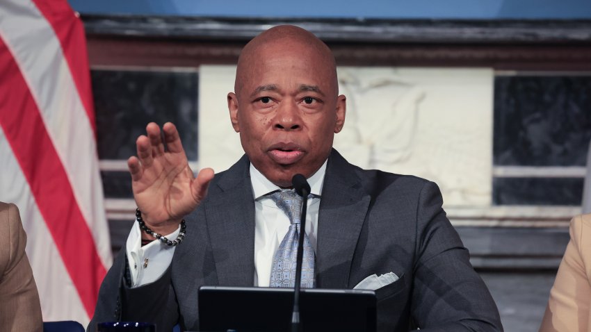 New York City Mayor Eric Adams speaks during his weekly in-person news conference at City Hall’s Blue Room on Tuesday, April 2, 2024, in New York.  (Luiz C. Ribeiro/New York Daily News/Tribune News Service via Getty Images)