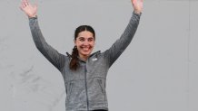 SHANGHAI, CHINA - MAY 19: Gold medalist Brooke Raboutou of the United States poses for a photo during the medal ceremony for the Women's Sport Climbing Boulder & Lead Final on day four of 2024 Olympic Qualifier Series Shanghai on May 19, 2024 in Shanghai, China. (Photo by Zhe Ji/Getty Images)