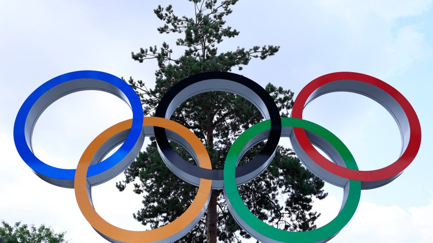 A general view of the Olympic Rings outside the South Paris Arena.