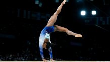 PARIS, FRANCE - AUGUST 5: Simone Biles of United States during the Women's Balance Beam Final on day ten of the Olympic Games Paris 2024 at Bercy Arena on August 5, 2024 in Paris, France. (Photo by Daniela Porcelli/Eurasia Sport Images/Getty Images)