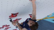 An overview shows US' Sam Watson competing in the men's sport climbing speed preliminary round during the Paris 2024 Olympic Games at Le Bourget Sport Climbing Venue in Le Bourget on August 6, 2024. (Photo by Michael REAVES / POOL / AFP) (Photo by MICHAEL REAVES/POOL/AFP via Getty Images)