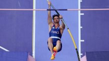 Anthony Ammirati of Team France competes during during the Men's Pole Vault Qualification on day eight of the Olympic Games Paris 2024 at Stade de France on August 03, 2024 in Paris, France. (Photo by Richard Heathcote/Getty Images)