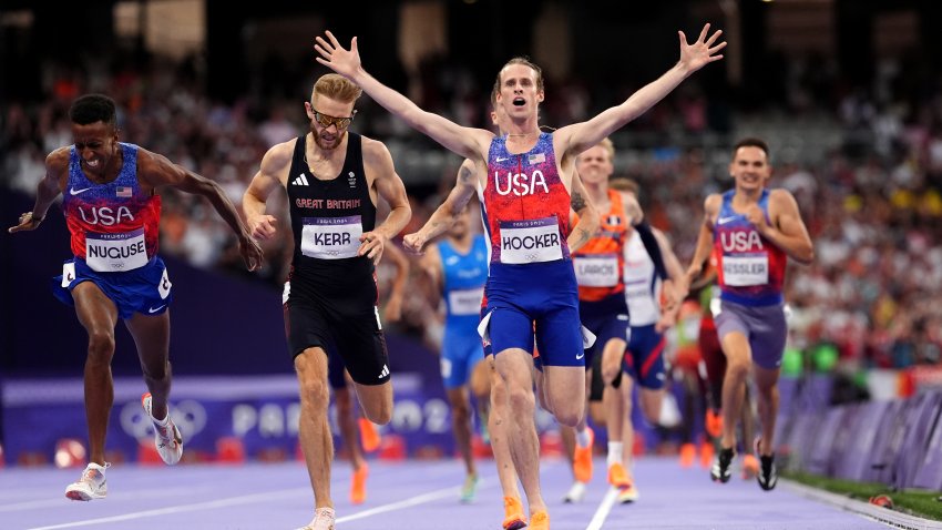 USA’s Cole Hocker celebrates winning the Men’s 1500m Final ahead of Great Britain’s Josh Kerr at the Stade de France on the eleventh day of the 2024 Paris Olympic Games in France. Picture date: Tuesday August 6, 2024. (Photo by Martin Rickett/PA Images via Getty Images)