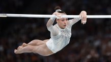 PARIS, FRANCE - AUGUST 04: Kaylia Nemour of Team Algeria competes during the Artistic Gymnastics Women's Uneven Bars Final on day nine of the Olympic Games Paris 2024 at Bercy Arena on August 04, 2024 in Paris, France. (Photo by Naomi Baker/Getty Images)