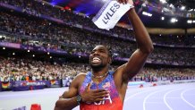 PARIS, FRANCE - AUGUST 04: Noah Lyles of Team United States celebrates winning the gold medal after competing the Men's 100m Final on day nine of the Olympic Games Paris 2024 at Stade de France on August 04, 2024 in Paris, France. (Photo by Christian Petersen/Getty Images)