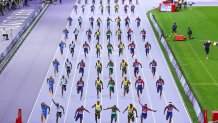 PARIS, FRANCE - AUGUST 04: (EDITORS NOTE: Image is a digital composite.)  General view as Noah Lyles of Team United States competes the Men's 100m Final on day nine of the Olympic Games Paris 2024 at Stade de France on August 04, 2024 in Paris, France. Layers of the Games shows in one image the multiple moments that happen during a game or a day of competition during the Paris 2024 Olympic Games from a fixed camera.  (Photo by Hector Vivas/Getty Images)