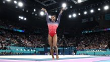 PARIS, FRANCE - AUGUST 05: Simone Biles of Team United States reacts after competing in the Artistic Gymnastics Women's Floor Exercise Final on day ten of the Olympic Games Paris 2024 at Bercy Arena on August 05, 2024 in Paris, France. (Photo by Naomi Baker/Getty Images)