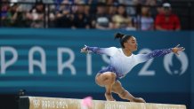 PARIS, FRANCE - AUGUST 05: Simone Biles of Team United States competes during the Artistic Gymnastics - Women's Balance Beam Final on day ten of the Paris 2024 Olympic Games at Bercy Arena on August 5, 2024 in Paris, France. (Photo by Sheng Jiapeng/China News Service/VCG via Getty Images)