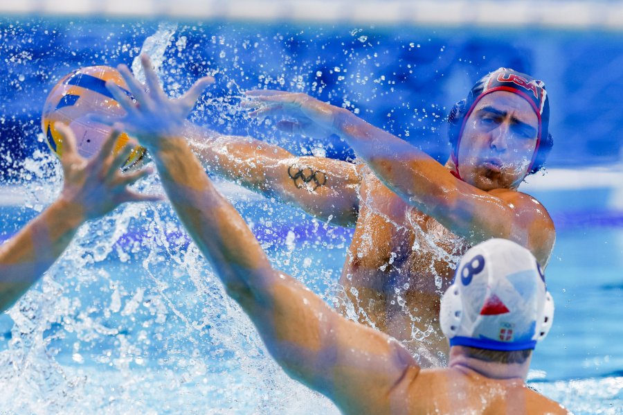 Luca Cupido of USA controls the ball during the Water polo Men's Semi-Final match