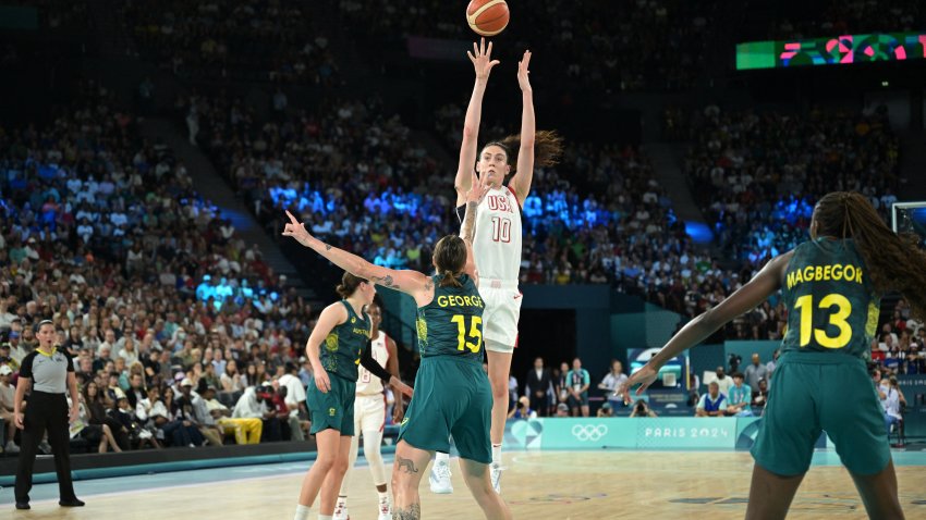 USA’s #10 Breanna Stewart takes a shot in the women’s semifinal basketball match between USA and Australia during the Paris 2024 Olympic Games at the Bercy Arena in Paris on August 9, 2024. (Photo by Damien MEYER / AFP) (Photo by DAMIEN MEYER/AFP via Getty Images)