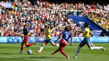 Paris , France - 10 August 2024; Mallory Swanson of Team United States shoots to score her side's first goal during the women's gold medal match between Team Brazil and Team United States at Parc des Princes during the 2024 Paris Summer Olympic Games in Paris, France. (Photo By Stephen McCarthy/Sportsfile via Getty Images)