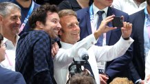 PARIS, FRANCE - AUGUST 10: Entertainer Jimmy Fallon and French President Emmanuel Macron attend the Men's Gold Medal game between Team France and Team United States on day fifteen of the Olympic Games Paris 2024 at Bercy Arena on August 10, 2024 in Paris, France. (Photo by Pascal Le Segretain/Getty Images)