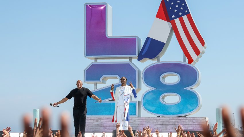 UNSPECIFIED: (EXCLUSIVE COVERAGE) In this image released on August 11, (L-R) Dr. Dre and Snoop Dogg perform at the LA28 Olympic Games Handover Celebration. (Photo by Kevin Mazur/Getty Images for LA28)