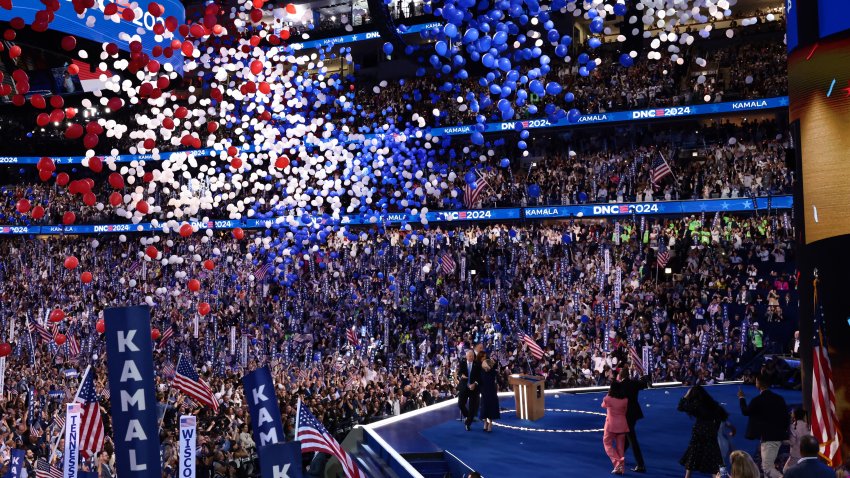 Balloons drop following a speech by US Vice President Kamala Harris during the Democratic National Convention (DNC) at the United Center in Chicago, Illinois, US, on Thursday, Aug. 22, 2024. The DNC this week marks the ceremonial crowning of Vice President Kamala Harris and Minnesota Governor Tim Walz as the party’s presidential nominees, capping off a whirlwind month for Democrats who quickly coalesced behind the new ticket after President Joe Biden dropped out of the race in July.