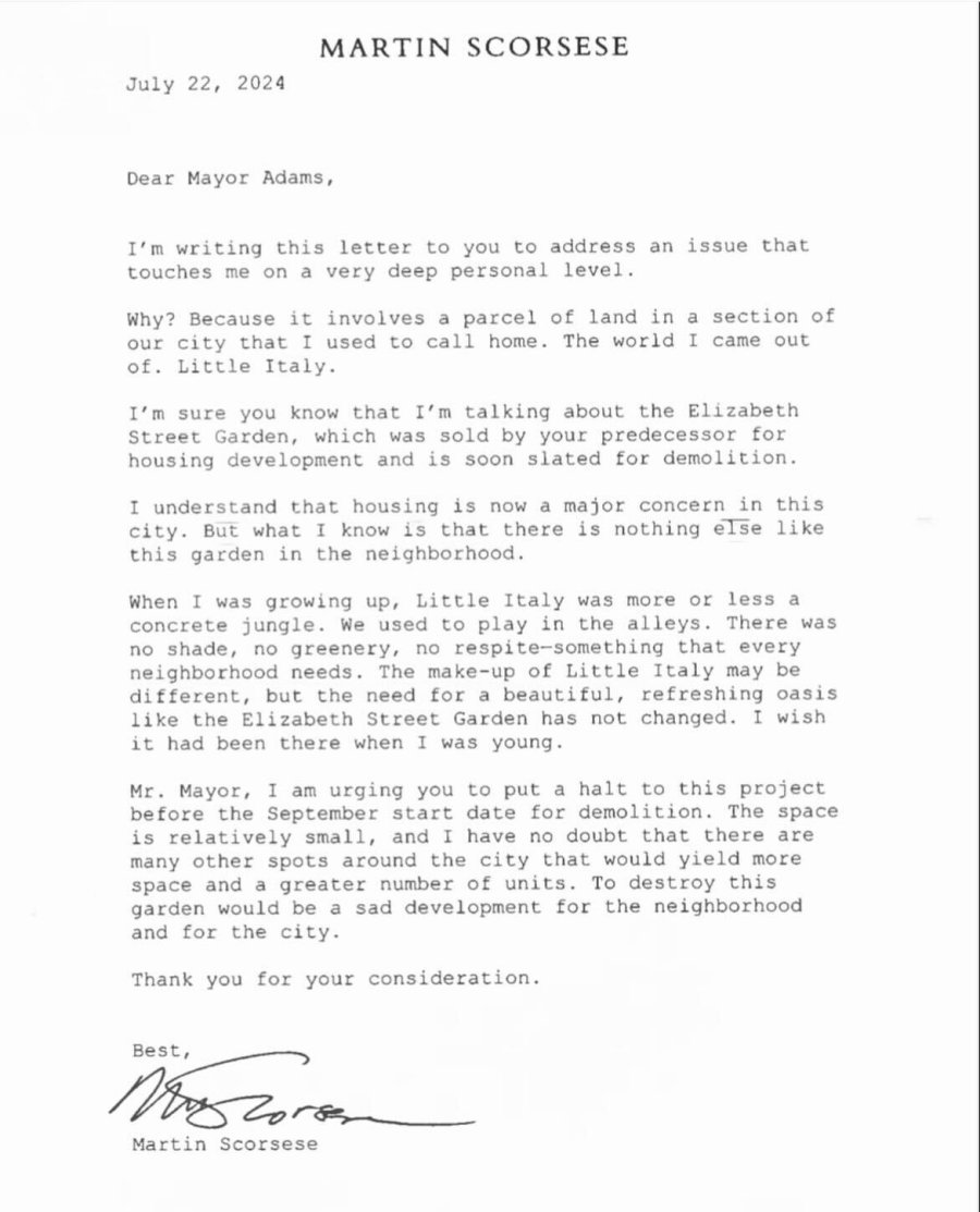 letter address to mayor eric adams from martin scorsese