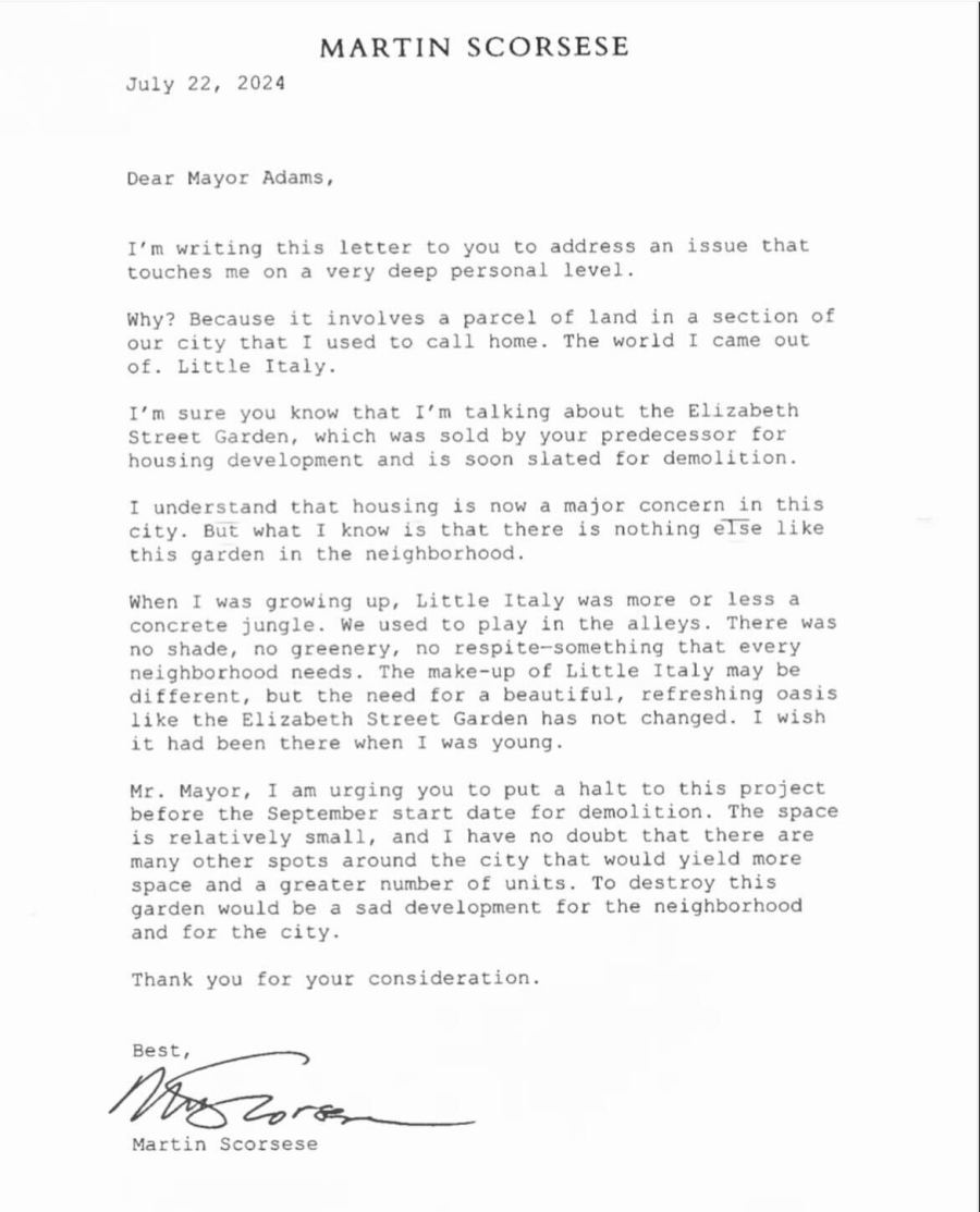 Letter to Mayor Eric Adams from Martin Scorsese