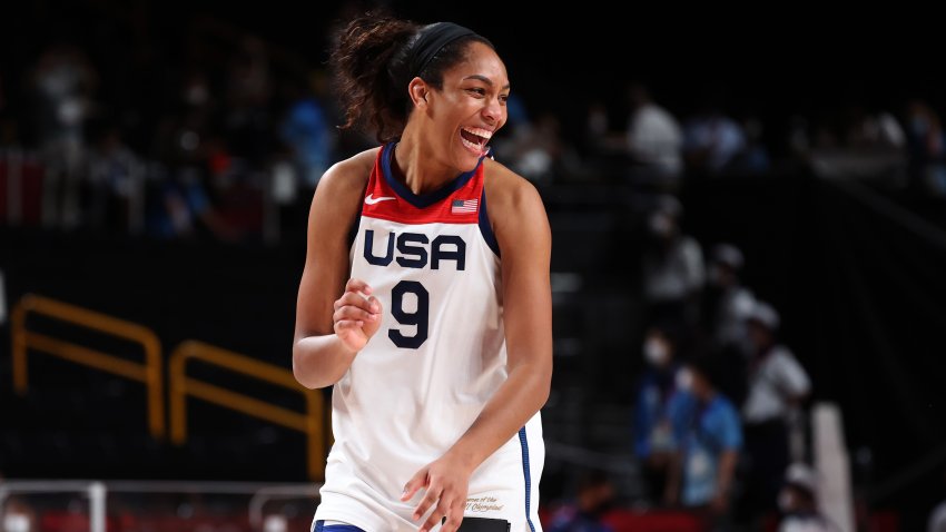 A’Ja Wilson of Team USA celebrates a win during the 2020 Tokyo Olympic games.