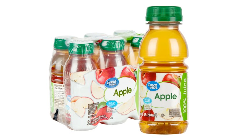 Walmart Great Value apple juice bottles over white background