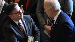 US President Joe Biden (R) shakes hands with Speaker of the House Mike Johnson as they attend the National Prayer Breakfast Foundation’s annual event at the US Capitol in Washington, DC, on February 1, 2024. 