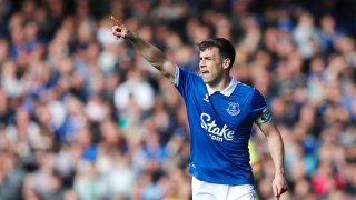 Seamus Coleman of Everton gives the team instructions during the Premier League match between Everton FC and Burnley FC at Goodison Park on April 06, 2024 in Liverpool, England.