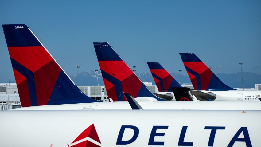 Delta Airlines planes are seen parked at Seattle-Tacoma International Airport on June 19, 2024 in Seattle, Washington. 