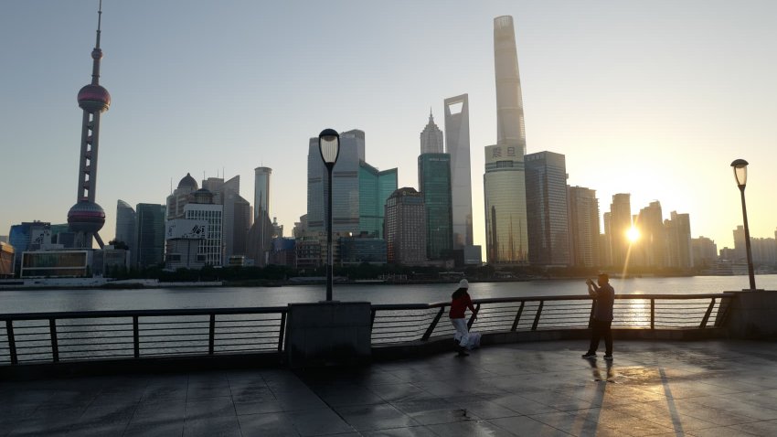 Sunrise around the Bund river district on November 02, 2023 in Shanghai, China.