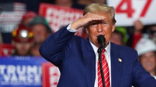 Republican presidential nominee and former U.S. President Donald Trump gestures as he holds a rally at the Cambria County War Memorial Arena in Johnstown, Pennsylvania, U.S. August 30, 2024. 