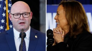 International Brotherhood of Teamsters General President Sean O’Brien (L), and Vice President and Democratic Presidential candidate Kamala Harris.