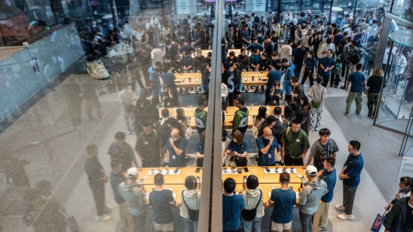 Pictured here is an Apple flagship store in Beijing, China, on the day of the iPhone 16 launch on Sept. 20, 2024.