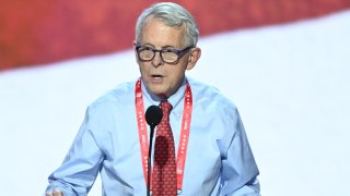 Ohio Governor Mike DeWine takes part in a sound check at the Fiserv Forum ahead of the 2024 Republican National Convention on July 14, 2024 in Milwaukee, Wisconsin. 