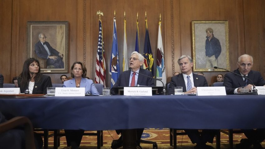 Attorney General Merrick Garland, center, speaks before a meeting of the Justice Department's Election Threats Task Force, at the Department of Justice, Wednesday, Sept. 4, 2024, in Washington, with from left, Deputy Attorney General, Criminal Division, Nicole Argentieri, Deputy Attorney General Lisa Monaco, Garland, FBI Director Christopher Wray and Assistant Attorney General, National Security Division, Matthew Olsen.