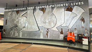 A metal mosaic mural created in 1960 by Greek-born artist Nikos Bel-Jon and titled “Medical Research Through the Ages” is in the lobby of the old Pfizer headquarters in New York on Thursday, August 29, 2024. (AP Photo/Ted Shaffrey)