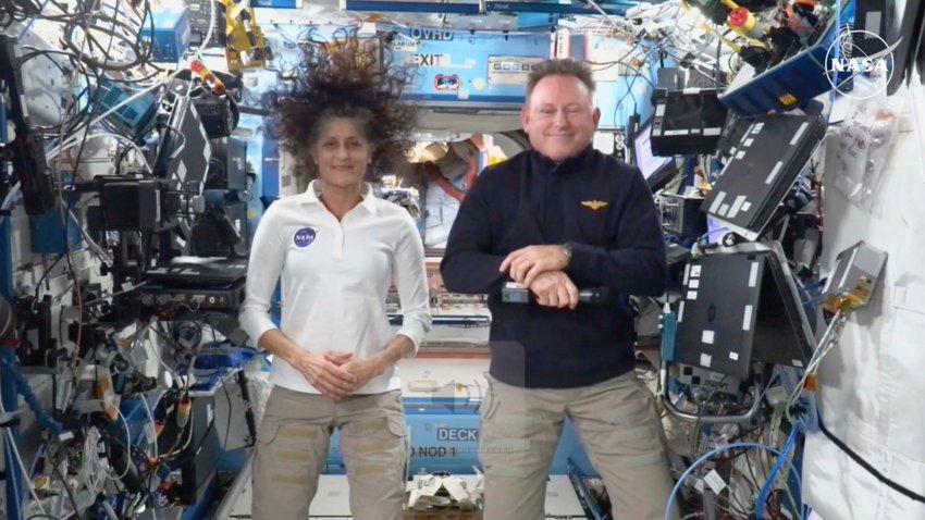 This image made from a NASA live stream shows NASA astronauts  Suni Williams and Butch Wilmore during a press conference from the International Space Station on Friday, Sept. 13, 2024.