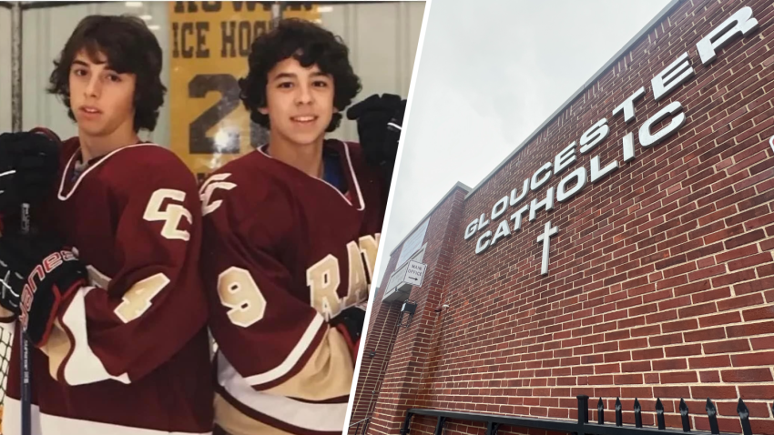 Johnny and Matthew Gaudreau in high school hockey uniforms in split image with exterior of Gloucester Catholic High School