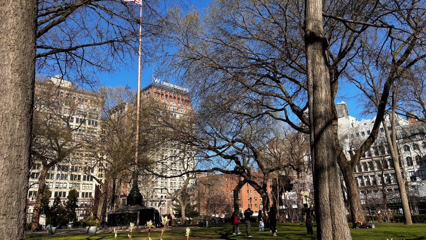 View of Union Square Park on a spring day with city skyline, Manhattan, New York.