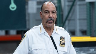 NEW YORK, UNITED STATES – 2024/07/31: City Sheriff Anthony Miranda speaks during the press briefing by mayor Eric Adams on cannabis and public safety announcement in the Bronx borough of New York. Mayor, governor and police commissioner announced closure of more than 750 illegal shops since April of 2024 after the state legislature passed new laws to crack down on the unsanctioned shops. Briefing was held in the warehouse where confiscated illegal products were kept until they were destroyed. (Photo by Lev Radin/Pacific Press/LightRocket via Getty Images)