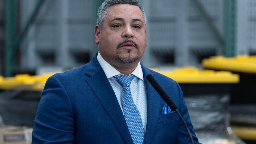 NEW YORK, UNITED STATES – 2024/07/31: Police Commissioner Edward Caban speaks during the press briefing by mayor Eric Adams on cannabis and public safety announcement in the Bronx borough of New York. Mayor, governor and police commissioner announced closure of more than 750 illegal shops since April of 2024 after the state legislature passed new laws to crack down on the unsanctioned shops. Briefing was held in the warehouse where confiscated illegal products were kept until they were destroyed. (Photo by Lev Radin/Pacific Press/LightRocket via Getty Images)