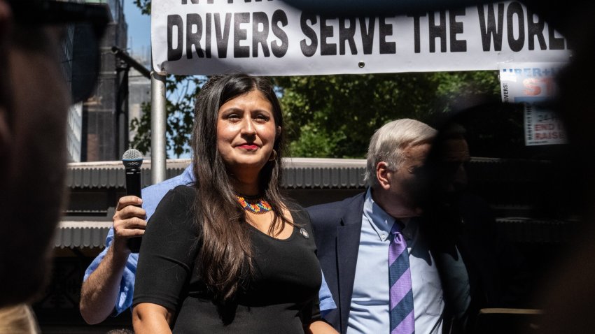 Jessica Ramos, a New York State Senator, speaks to rideshare drivers participating in a protest on September 4, 2024 in New York City. The drivers are threatening to strike on October 23, 2024 if their demands, including the discontinuation of an Uber and Lyft policy that periodically locks drivers out from the app which has been in effect since June, are not met. Drivers say that due to this policy they are not able to earn a living wage. (Photo by Stephanie Keith 100584/Getty Images)