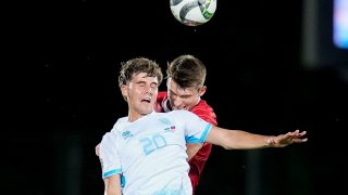 Nicko Sensoli of San Marino and Niklas Beck of Liechtenstein jump for the ball during the UEFA Nations League 2024/2025 League D - Group 1 match between San Marino and Liechtenstein.