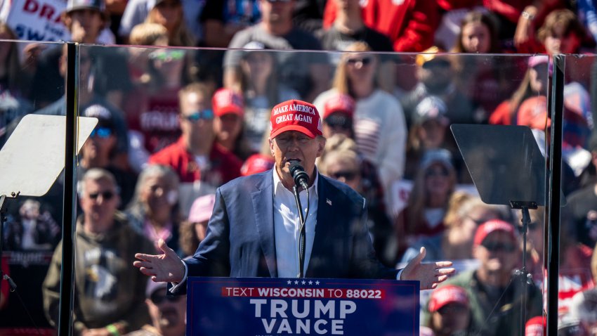 MOSINEE, WI – SEPTEMBER 7: Republican presidential nominee and former president Donald Trump delivers a speech at a rally at the Central Wisconsin Airport on September 7th, 2024. (Photo by Sara Stathas for the Washington Post)