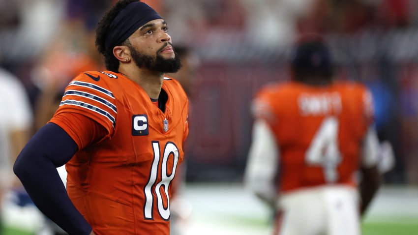 HOUSTON, TEXAS – SEPTEMBER 15: Caleb Williams #18 of the Chicago Bears reacts during the second half against the Houston Texans at NRG Stadium on September 15, 2024 in Houston, Texas. (Photo by Tim Warner/Getty Images)