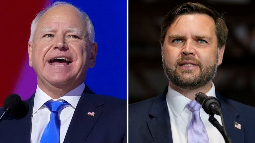 This combination of photos shows Democratic vice presidential candidate Minnesota Gov. Tim Walz, left, at the DNC on Aug. 21, 2024, in Chicago, and Republican vice presidential nominee Sen. JD Vance, R-Ohio, on Sept. 25, 2024, in Traverse City, Mich