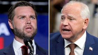 This combination of photos shows Republican vice presidential nominee Sen. JD Vance, R-Ohio, left, on Aug. 6, 2024, in Philadelphia, and Democratic vice presidential candidate Minnesota Gov. Tim Walz, Aug. 9, 2024, in Glendale, Ariz.