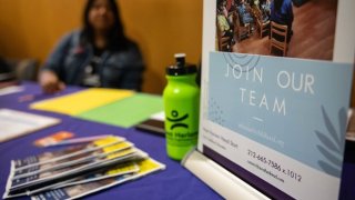 A “Join Our Team” sign during the New York Public Library’s annual Bronx Job Fair & Expo at the Bronx Library Center in the Bronx borough of New York, US, on Friday, Sept. 6, 2024. 